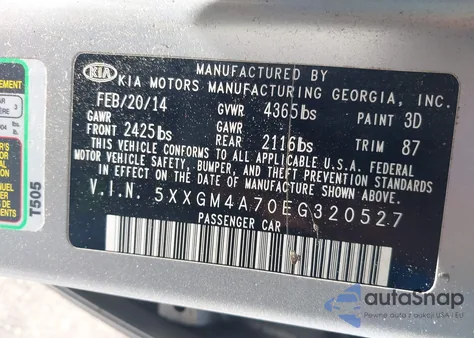 2014 Kia Optima Lx from USA, damaged, VIN 5XXGM4A70EG320527